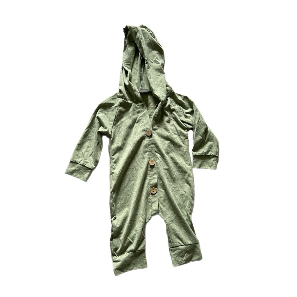 Green Hooded Baby Romper, Size 0-3 Months